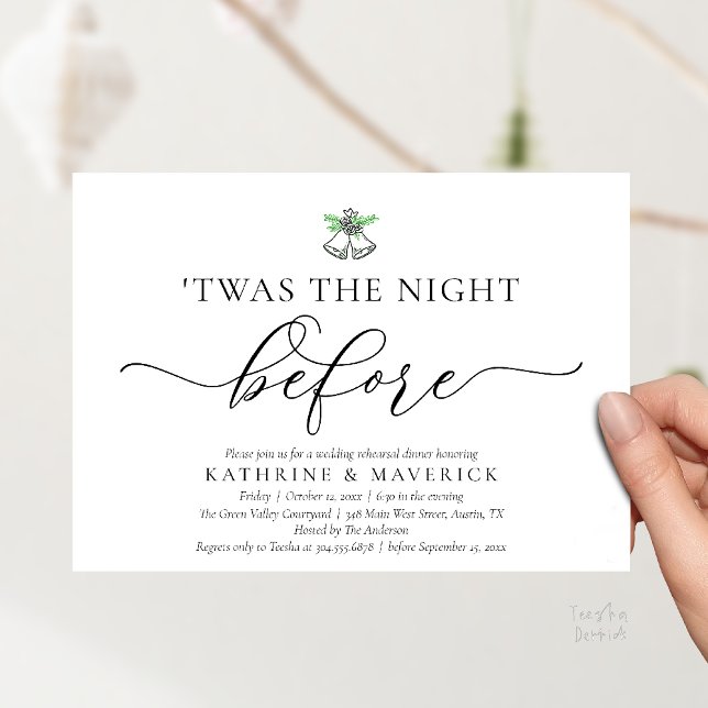 Natten före Classy Rehearsal Dinner Inbjudningar ('Twas The Night Before Modern Romantic Wedding Rehearsal Dinner Invitation Card PDF Black White)