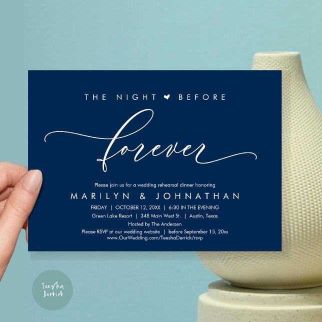 Natten före den romerska rehearsal-middagen inbjudningar (The Night Before Forever, Romantic Wedding Rehearsal Dinner Invitation Card, PDF, In Navy Blue)