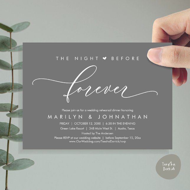 Natten före den romerska rehearsal-middagen inbjudningar (Modern Romantic The Night Before Forever, Wedding Rehearsal Dinner Invitation Card, PDF, Dark Grey)