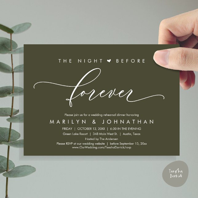 Natten före den romerska rehearsal-middagen inbjudningar (Modern Romantic The Night Before Forever, Wedding Rehearsal Dinner Invitation Card, PDF, Olive Green)
