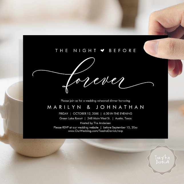 Natten före den romerska rehearsal-middagen inbjudningar (Modern Romantic The Night Before Forever, Wedding Rehearsal Dinner Invitation Card, PDF, Black)