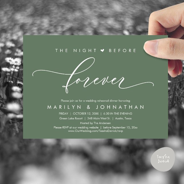 Natten före den romerska rehearsal-middagen inbjudningar (Modern Romantic The Night Before Forever, Wedding Rehearsal Dinner Invitation Card, PDF, Sage Green)
