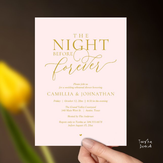 “Natten före för evigt” Blush & Guld Övning  Inbjudningar (“The Night Before Forever” Blush & Gold Rehearsal Invitation Card)