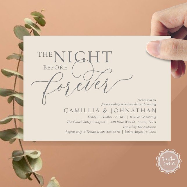 Natten före för evigt, Bröllopsrepetition Middag Inbjudningar (The Night Before Forever Wedding Rehearsal Dinner Romantic Classy Invites Card PDF in Cream Grey)