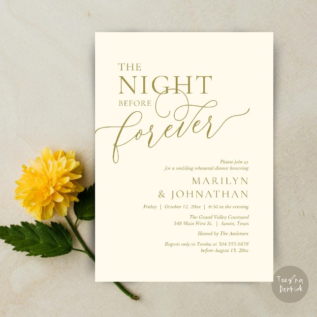 Natten före för evigt, Bröllopsrepetition Middag Inbjudningar (The Night Before Forever Wedding Rehearsal Dinner Romantic Classy Invites Card PDF in Yellow Gold)