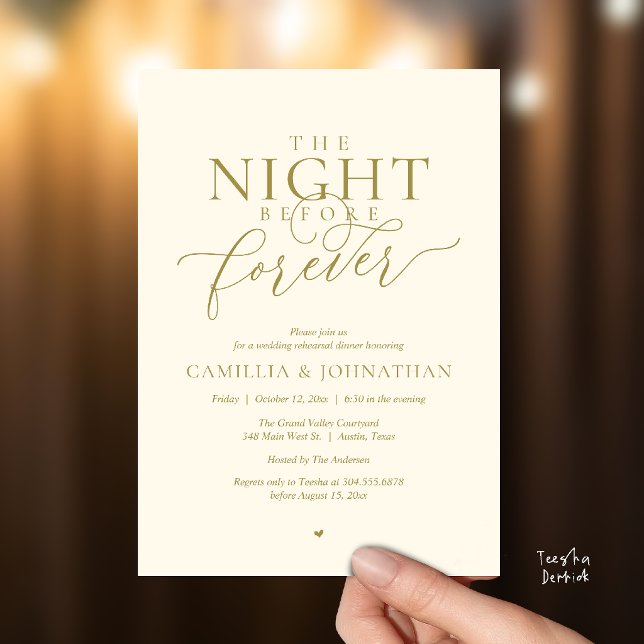 “Natten före för evigt” Romantisk repetitionskalas Inbjudningar (“Night Before Forever” Modern Romantic Rehearsal Dinner Invitation Card in Gold yellow Cream)