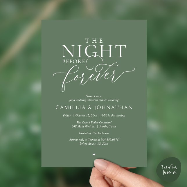 “Natten före för evigt” Salvia Grön Repetition Inbjudningar (“The Night Before Forever” Sage Green Rehearsal Invitation Card)