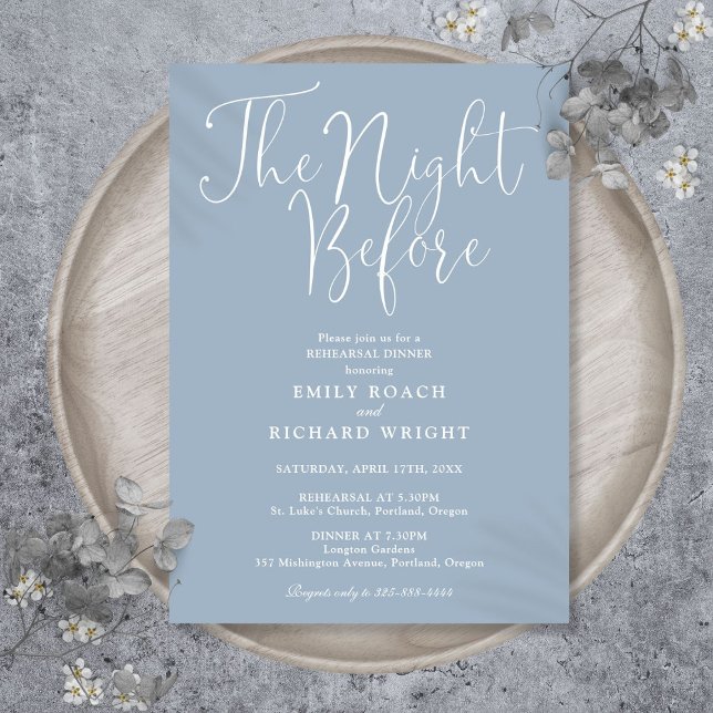 Natten före förnyad middagsblått inbjudningar (The Night Before Rehearsal Dinner Dusty Blue Invitation)