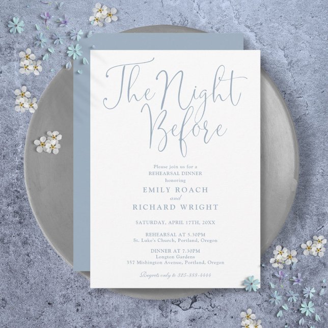 Natten före förnyad middagsblått inbjudningar (The Night Before Rehearsal Dinner Dusty Blue Invitation)