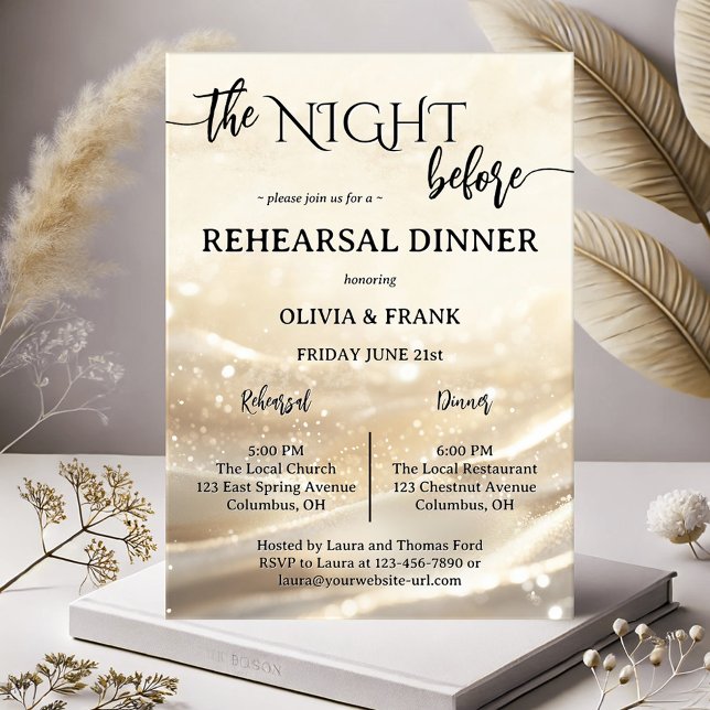 Natten före Guld mousserande repetitionsmiddag Inbjudningar (Modern boho chic rehearsal dinner invitation showing a festive design with script and gold sparkles)