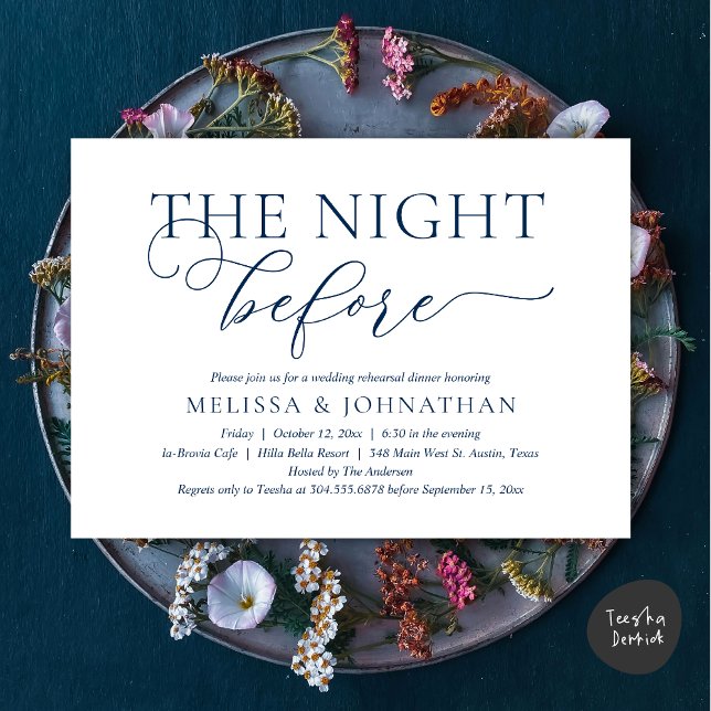 Natten före, marinblå, repetitionsmiddag inbjudningar (The Night Before, Romantic Wedding Rehearsal Dinner Invitation Card, PDF, Navy Blue)