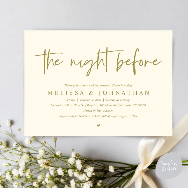 Natten före, Modern Bröllop Rehearsal Middag Inbjudningar (The Night Before Wedding Rehearsal Dinner Invitation Card, PDF, Modern Minimalist Yellow Gold)