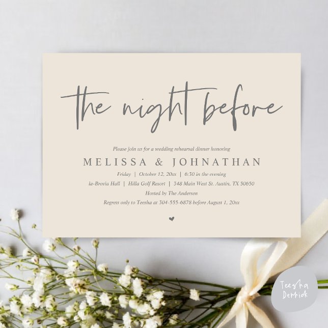 Natten före, Modern Bröllop Rehearsal Middag Inbjudningar (The Night Before Wedding Rehearsal Dinner Invitation Card, PDF, Modern Minimalist Dark Grey Cream)