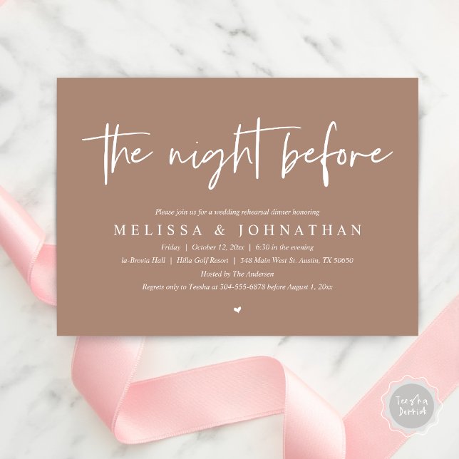 Natten före, Modern Bröllop Rehearsal Middag Inbjudningar (The Night Before Wedding Rehearsal Dinner Invitation Card, PDF, Modern Minimalist Warm Taupe Brown)