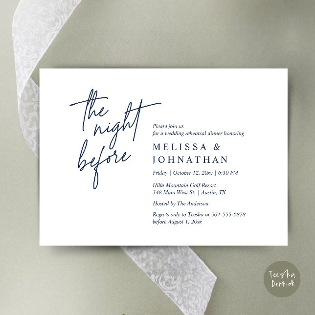 Natten före, Modern Bröllop Rehearsal Middag Inbjudningar (The Night Before, Modern Wedding Rehearsal Dinner Modern Invitation Card, PDF, in Navy Blue)