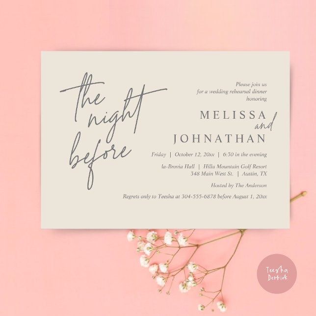 Natten före, Modern Bröllop Rehearsal Middag Inbjudningar (The Night Before, Modern Wedding Rehearsal Dinner Modern Invitation Card, PDF, in Cream Dark Grey)