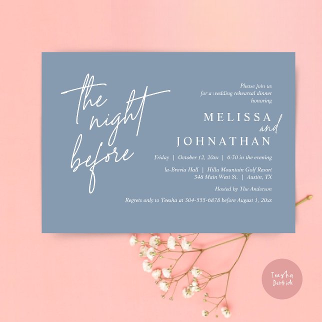 Natten före, Modern Bröllop Rehearsal Middag Inbjudningar (The Night Before, Modern Wedding Rehearsal Dinner Modern Invitation Card, PDF, in Dusty Blue)