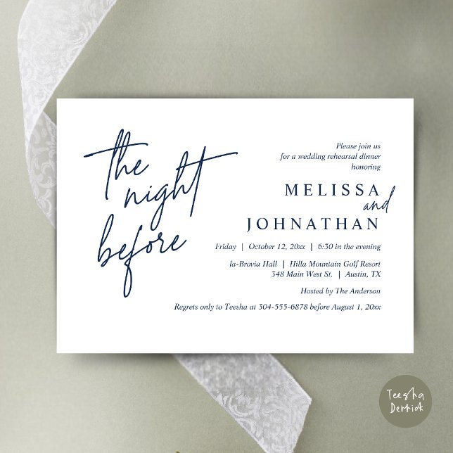 Natten före, Modern Bröllop Rehearsal Middag Inbjudningar (The Night Before, Modern Wedding Rehearsal Dinner Modern Invitation Card, PDF, in Navy Blue)