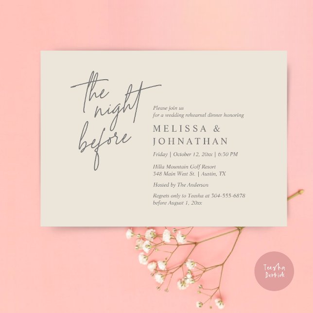 Natten före, Modern Bröllop Rehearsal Middag Inbjudningar (The Night Before, Modern Wedding Rehearsal Dinner Modern Invitation Card, PDF, in Cream Dark Grey)
