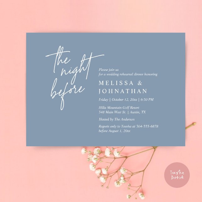 Natten före, Modern Bröllop Rehearsal Middag Inbjudningar (The Night Before, Modern Wedding Rehearsal Dinner Modern Invitation Card, PDF, in Dusty Blue)