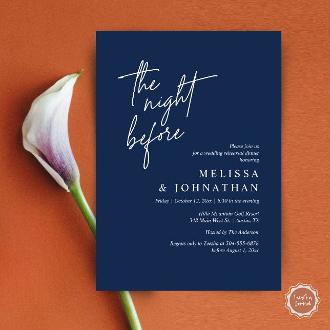 Natten före, Modern Bröllop Rehearsal Middag Inbjudningar (The Night Before, Modern Wedding Rehearsal Dinner Modern Invitation Card, PDF, in Navy Blue)