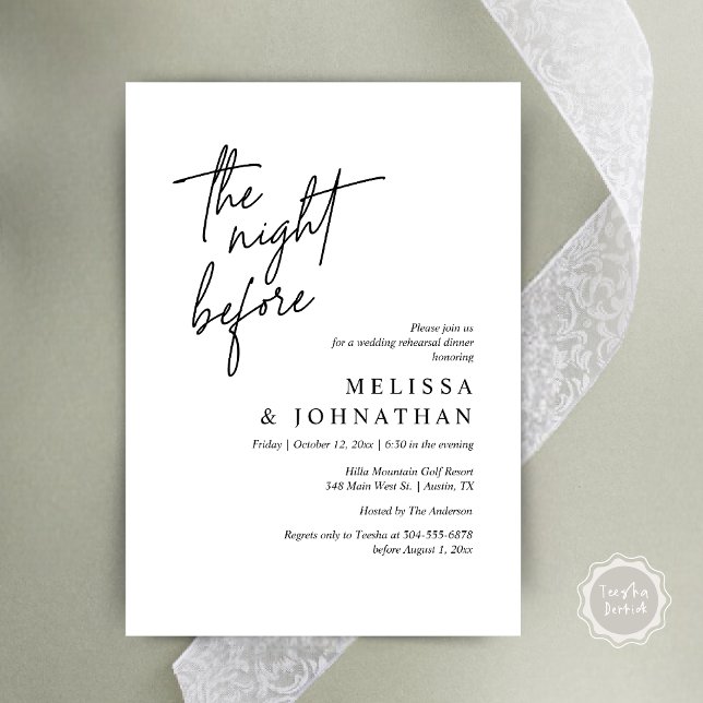 Natten före, Modern Bröllop Rehearsal Middag Inbjudningar (The Night Before, Modern Wedding Rehearsal Dinner Modern Invitation Card, PDF, in Black and White)