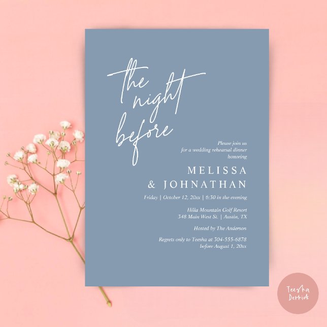 Natten före, Modern Bröllop Rehearsal Middag Inbjudningar (The Night Before, Modern Wedding Rehearsal Dinner Modern Invitation Card, PDF, in Dusty Blue)