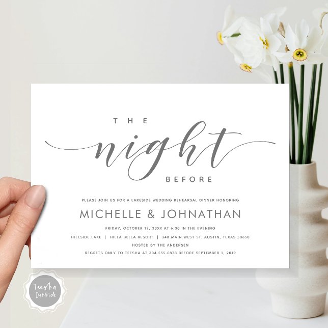 Natten före, Modern Bröllop Rehearsal Middag Inbjudningar (The Night Before, Modern Wedding Rehearsal Dinner Invitation Card, Printed and File, in Dark Grey.)
