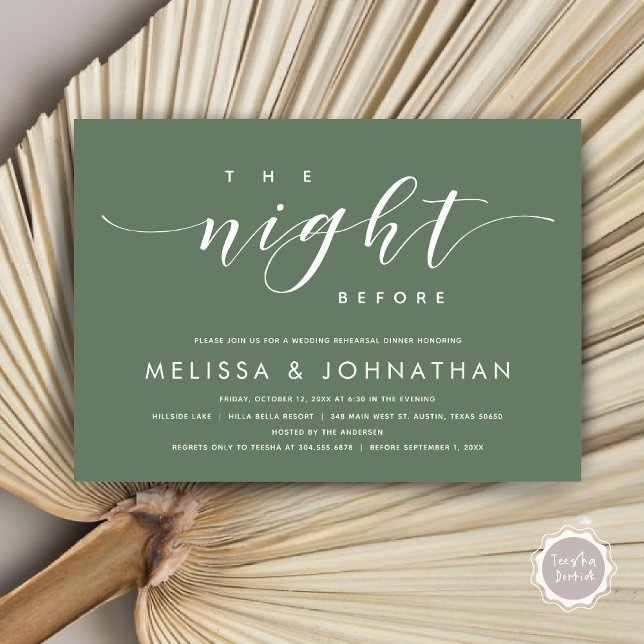 Natten före, Modern Bröllop Rehearsal Middag Inbjudningar (The Night Before, Modern Wedding Rehearsal Dinner Invitation Card, PDF, in Forest Sage Green)