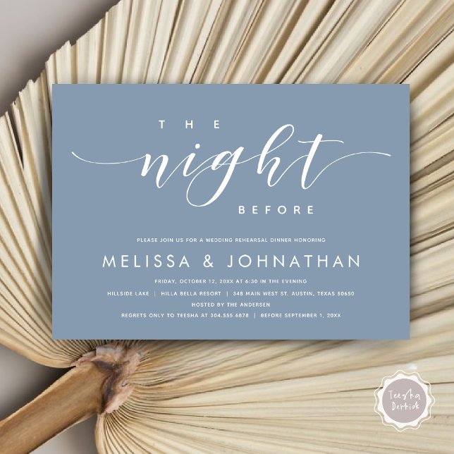 Natten före, Modern Bröllop Rehearsal Middag Inbjudningar (The Night Before, Modern Wedding Rehearsal Dinner Invitation Card, PDF, in Dusty Blue)