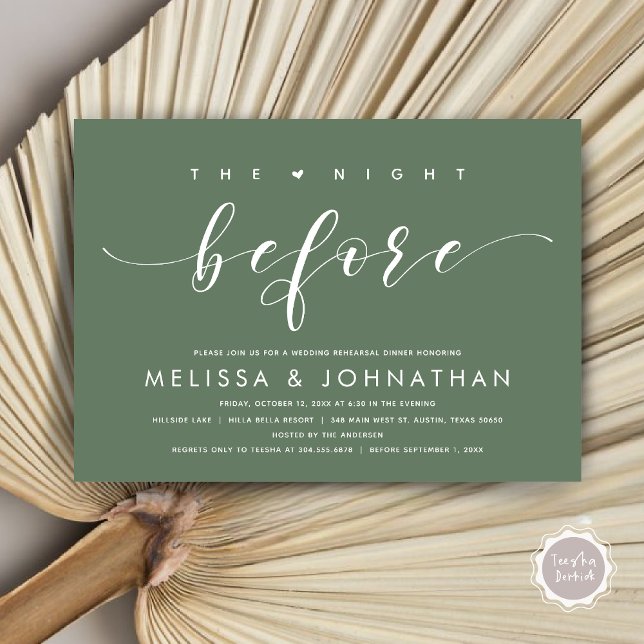 Natten före, Modern Bröllop Rehearsal Middag Inbjudningar (The Night Before, Modern Wedding Rehearsal Dinner Invitation Card, PDF, in Forest Sage Green)