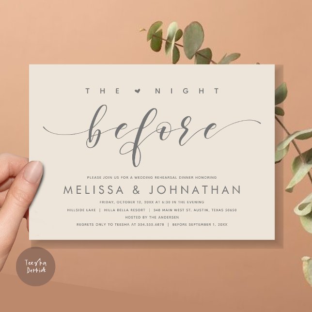 Natten före, Modern Bröllop Rehearsal Middag Inbjudningar (The Night Before, Modern Wedding Rehearsal Dinner Invitation Card, PDF, in Cream Dark Grey)