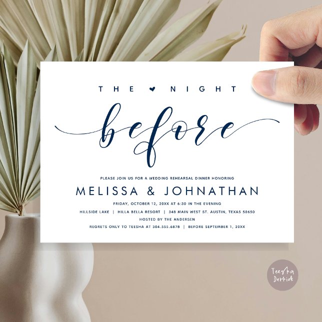 Natten före, Modern Bröllop Rehearsal Middag Inbjudningar (The Night Before, Modern Wedding Rehearsal Dinner Invitation Card, PDF, in Classy Navy Blue)