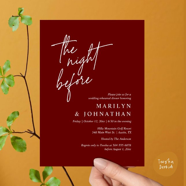 Natten före, Modern Bröllop Rehearsal Middag Inbjudningar (The Night Before, Modern Wedding Rehearsal Dinner Invitation Card PDF in Burgundy Wine Red)