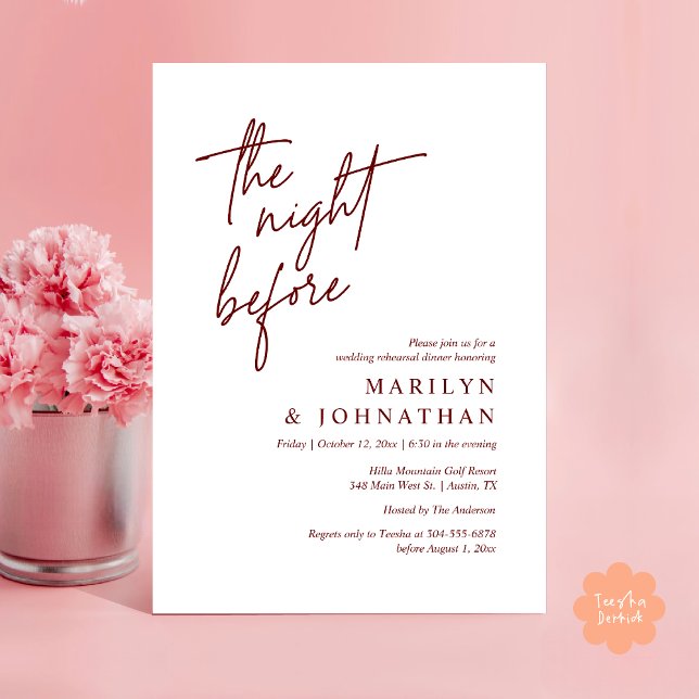 Natten före, Modern Bröllop Rehearsal Middag Inbjudningar (The Night Before, Modern Wedding Rehearsal Dinner Invitation Card PDF in Burgundy Wine Red)