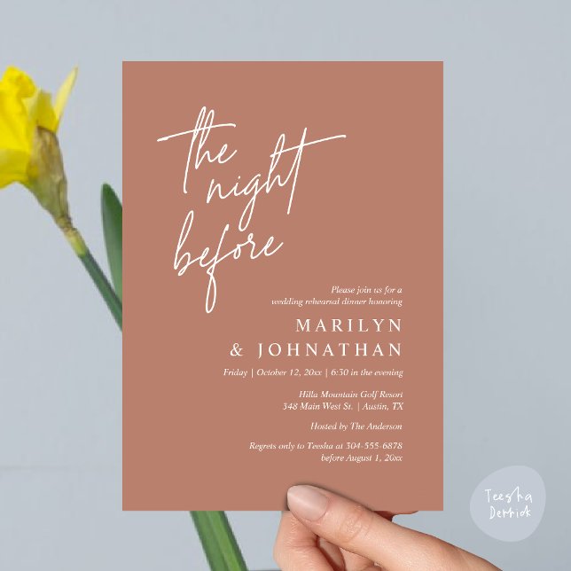 Natten före, Modern Bröllop Rehearsal Middag Inbjudningar (The Night Before, Modern Wedding Rehearsal Dinner Invitation Card PDF in Terracotta Earthy Brown)