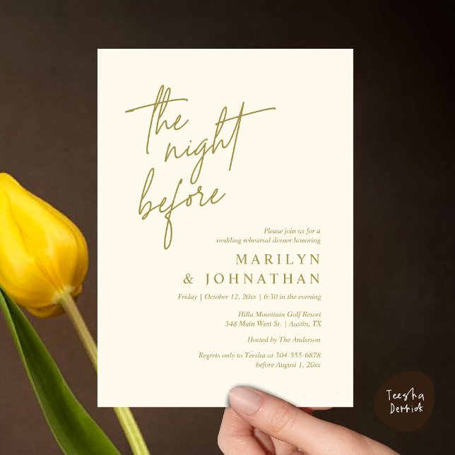 Natten före, Modern Bröllop Rehearsal Middag Inbjudningar (The Night Before, Modern Wedding Rehearsal Dinner Invitation Card PDF in Classy Yellow Gold)