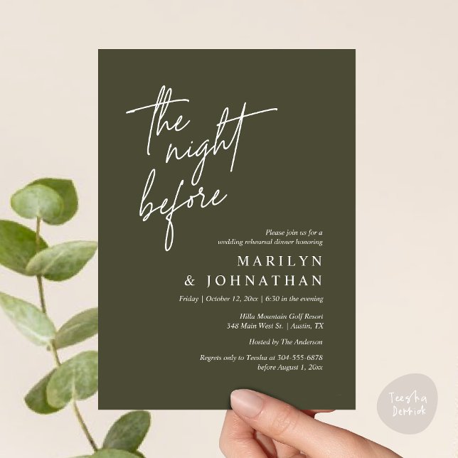 Natten före, Modern Bröllop Rehearsal Middag Inbjudningar (The Night Before, Modern Wedding Rehearsal Dinner Invitation Card PDF in Classy Olive Green Greenery)