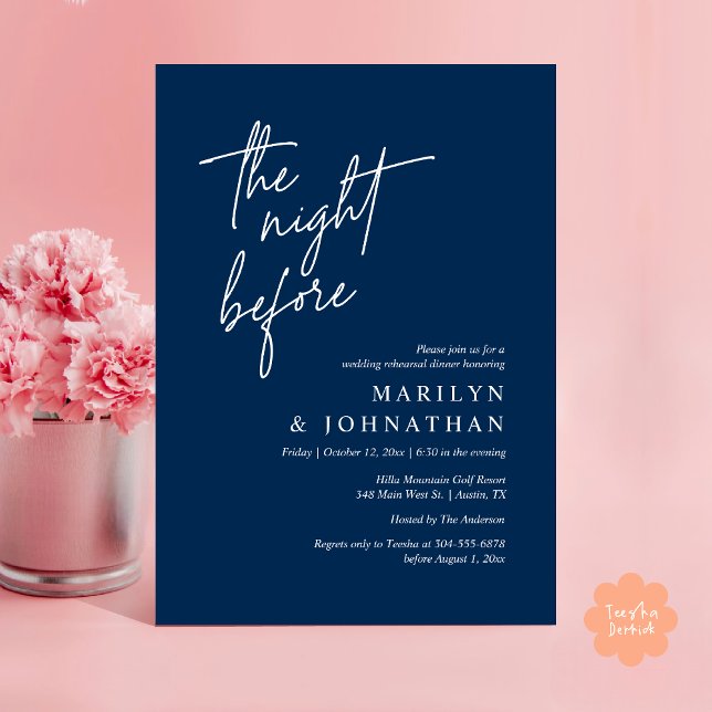 Natten före, Modern Bröllop Rehearsal Middag Inbjudningar (The Night Before, Modern Wedding Rehearsal Dinner Invitation Card PDF in Classy Navy Blue)