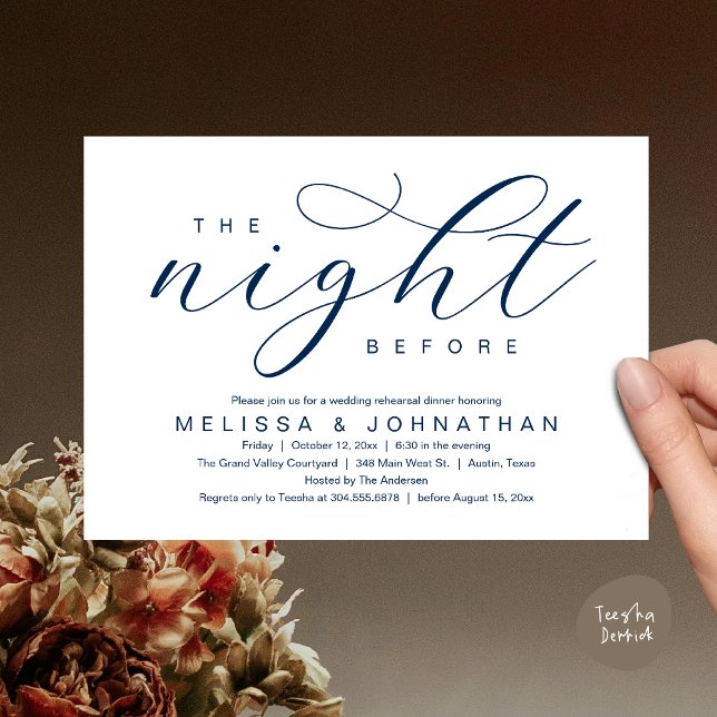 Natten före, Modern Bröllop Rehearsal Middag Inbjudningar (The Night Before, Classy Modern Wedding Rehearsal Dinner Invitation Card PDF Navy Blue)
