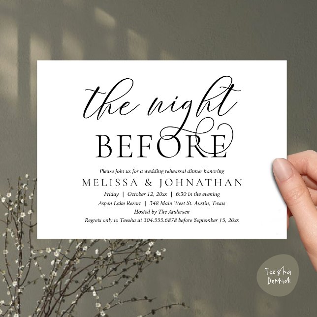 Natten före, Modern Bröllop Rehearsal Middag Inbjudningar (The Night Before, Modern Wedding Rehearsal Dinner Invitation Card, PDF, Classy Elegant, White Black)