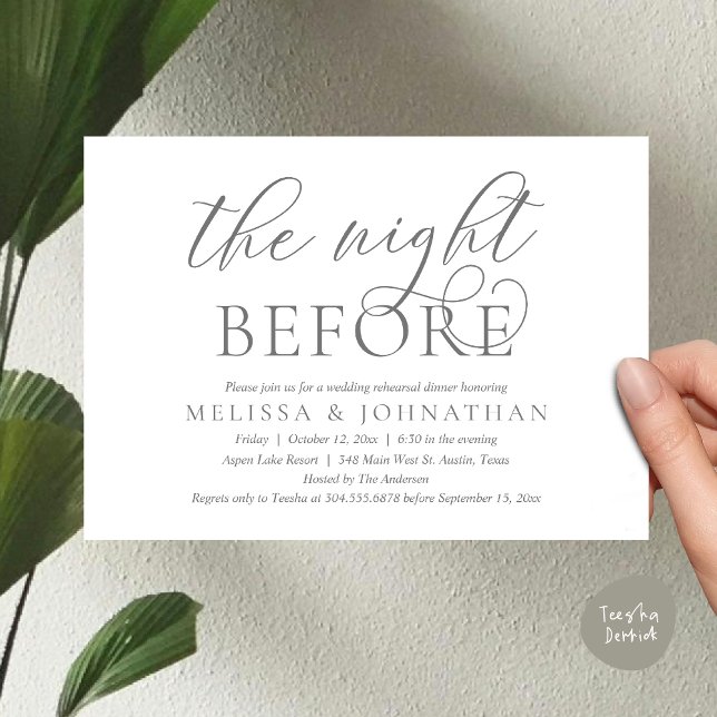 Natten före, Modern Bröllop Rehearsal Middag Inbjudningar (The Night Before, Modern Wedding Rehearsal Dinner Invitation Card, PDF, Classy Elegant, Dark Grey)