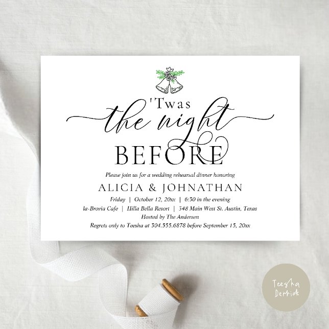 Natten före, Modern bröllopsrepetition middag Inbjudningar (The Night Before, Twas Wedding Rehearsal Dinner Party Invites mistletoe wedding bell Black White)