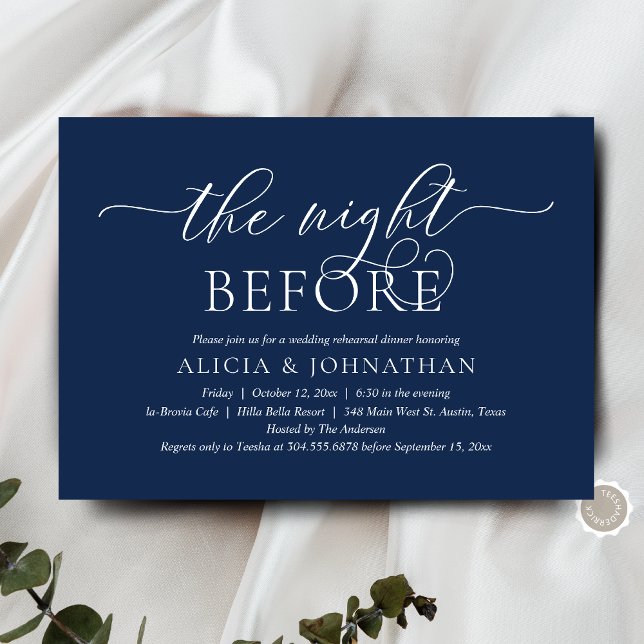 Natten före, Modern Bröllopsrepetition Middag Inbjudningar (The Night Before, Wedding Rehearsal Dinner  Invitation Card, in Modern Classy Navy Blue theme)