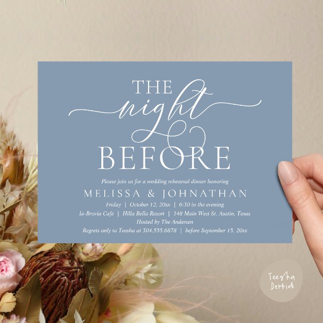 Natten före, Modern Bröllopsrepetition Middag Inbjudningar (The Night Before, Modern Wedding Rehearsal Dinner Party Invitation Card, PDF, Dusty Blue)