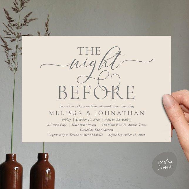 Natten före, Modern Bröllopsrepetition Middag Inbjudningar (The Night Before, Modern Wedding Rehearsal Dinner Party Invitation Card, PDF, Cream Grey)