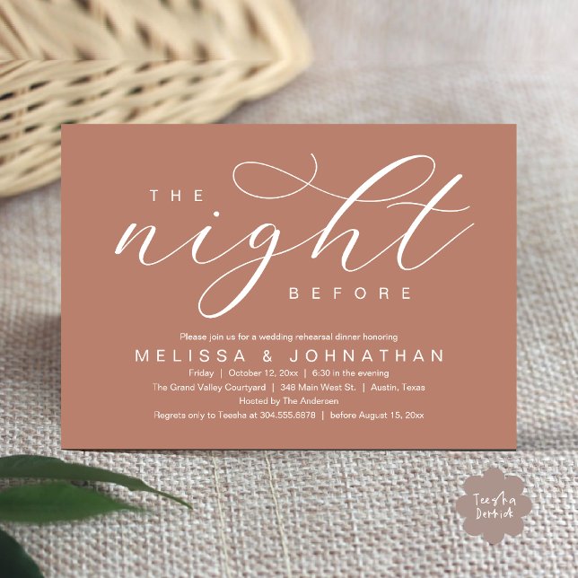 Natten före, Modern Bröllopsrepetition Middag Inbjudningar (The Night Before, Classy Modern Wedding Rehearsal Dinner Invitation Card PDF Rustic Cottage Brown)