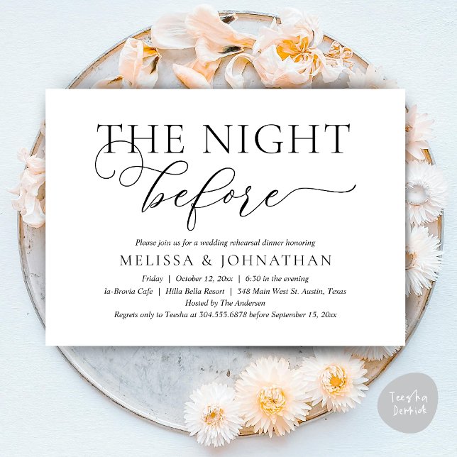 Natten före, modern middag före bröllopet inbjudningar (The Night Before, Romantic Wedding Rehearsal Dinner Invitation Card, PDF, Black white)