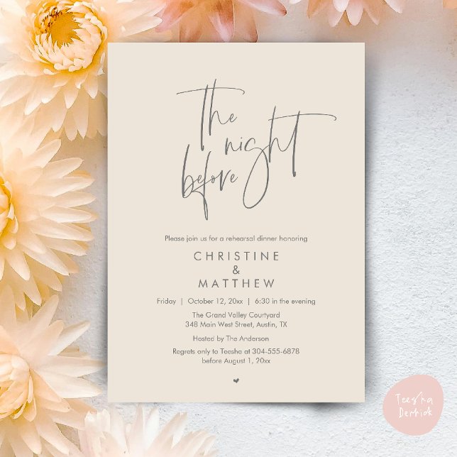 Natten före, modern middagsinbjudan för bröllopsre inbjudningar (The Night Before, Modern Wedding Rehearsal Dinner Invitation Card in Cream Grey)