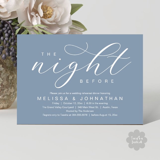 Natten före, Modern Övning middag för Bröllop Inbjudningar (The Night Before, Classy Modern Wedding Rehearsal Dinner Invitation Card PDF Aesthetic Dusty Blue)